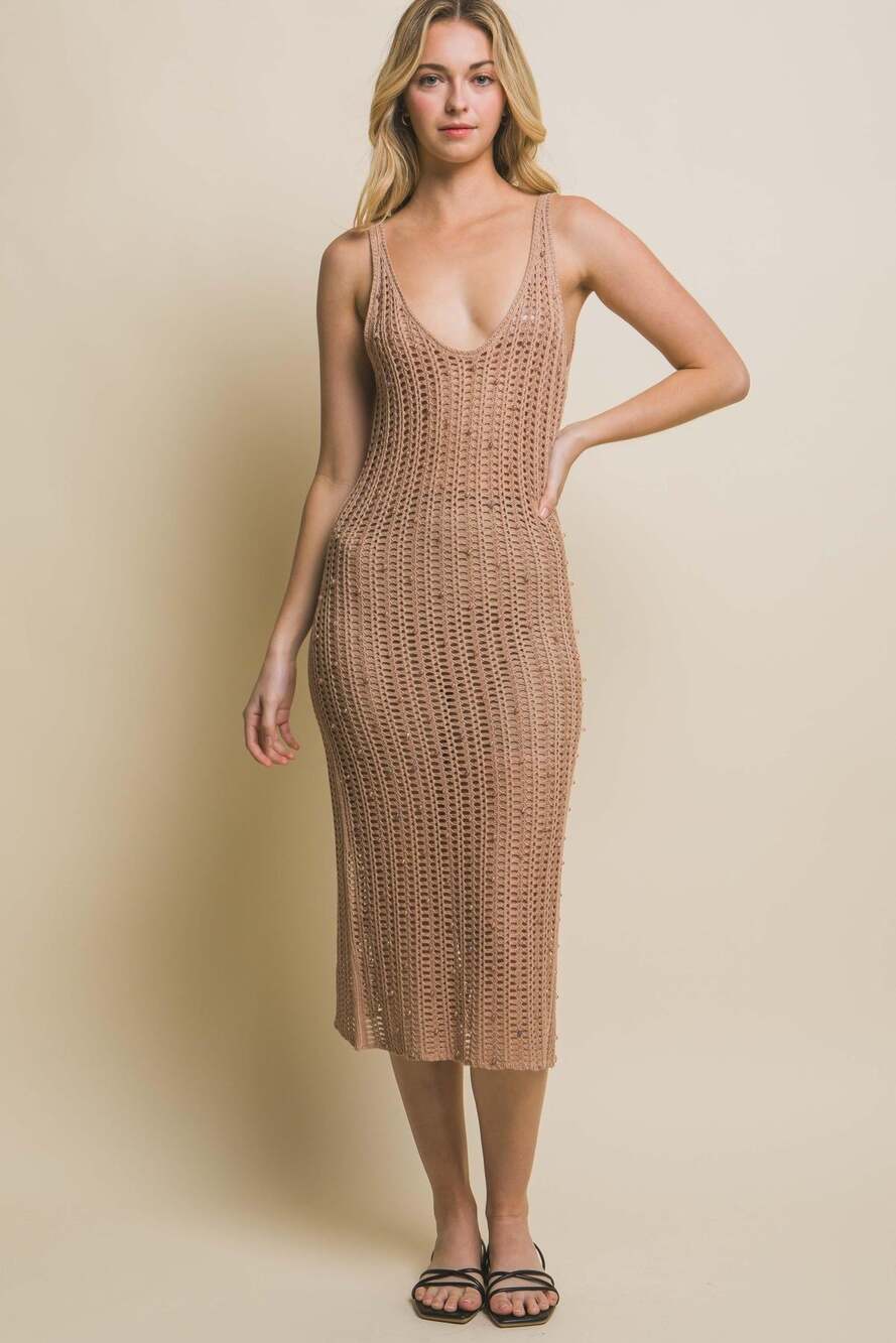 Love Tree Beaded Crochet Midi Dress in Taupe